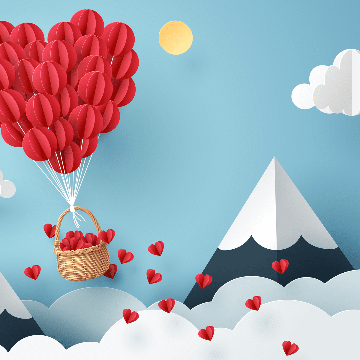 paper drawing of heart hot air balloon flying over a mountain