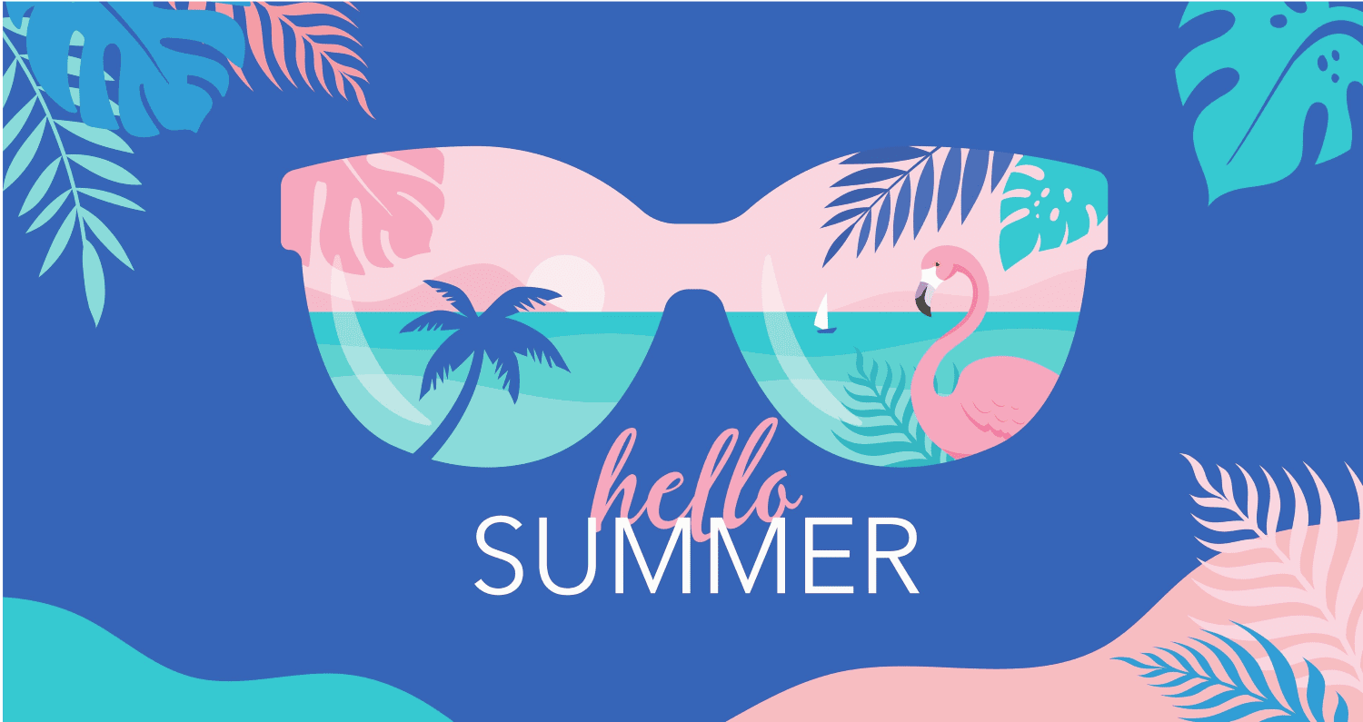 Summer time fun concept design. Creative background of landscape, panorama of sea and beach on sunglasses.