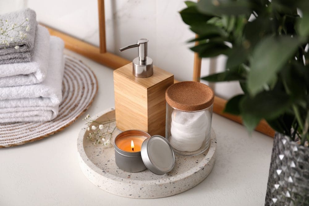Tray,With,Soap,Dispenser,,Cotton,Pads,And,Burning,Candle,On